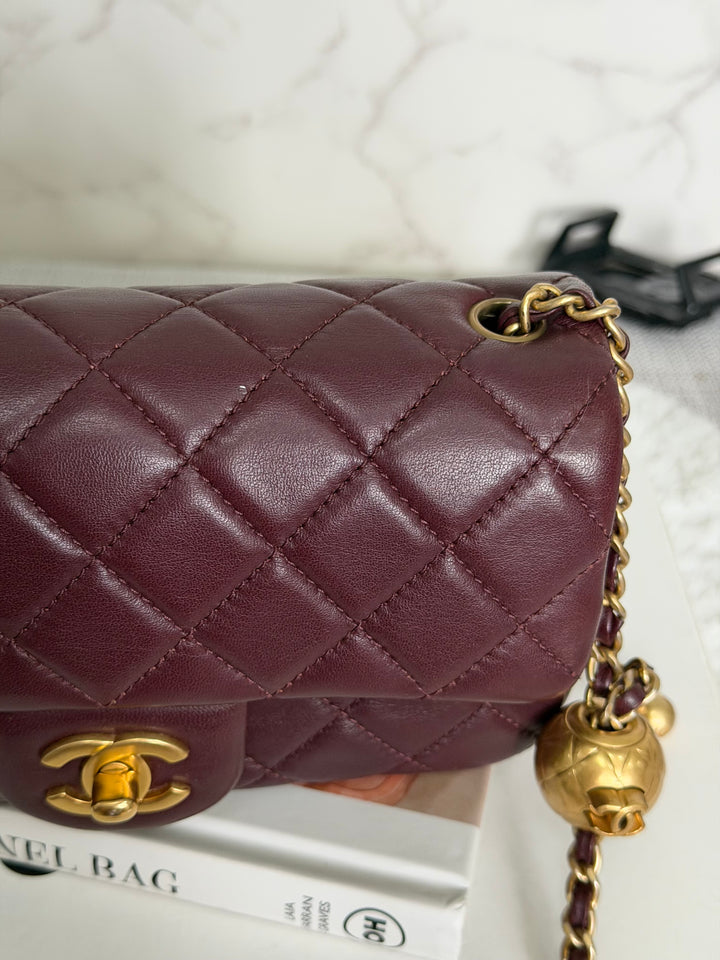 CHANEL 21B Burgundy Lambskin Aged GHW Pearl Crush Adjustable Chain Mini rectangular flap Bag 2021