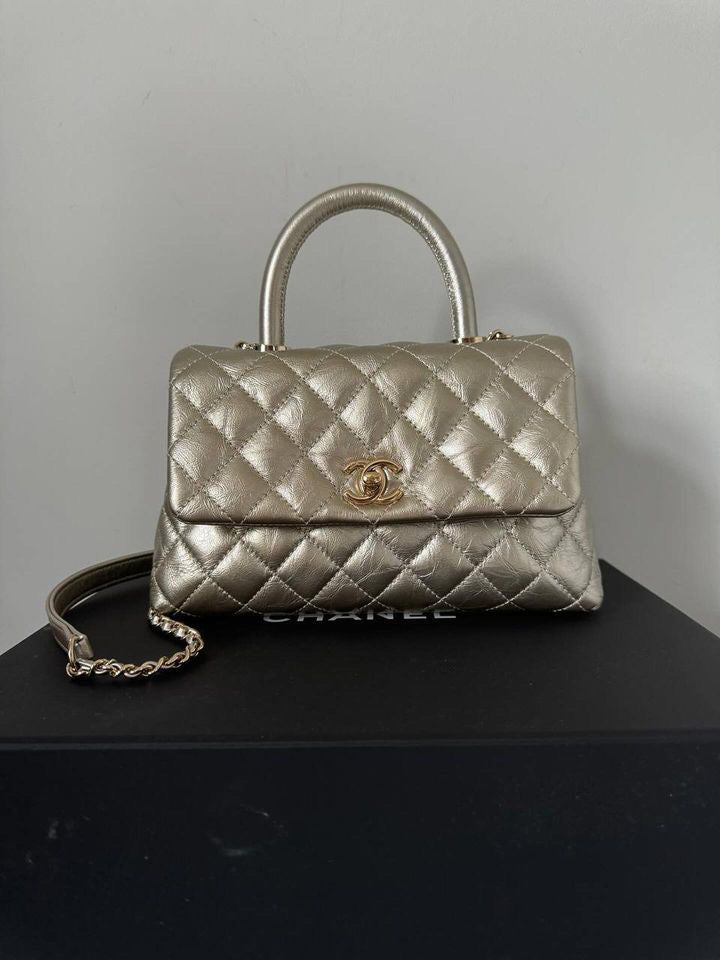 Chanel series 30 Gold Distressed Calf Skin LGHW Coco handle Flap Bag with detachable strap size small