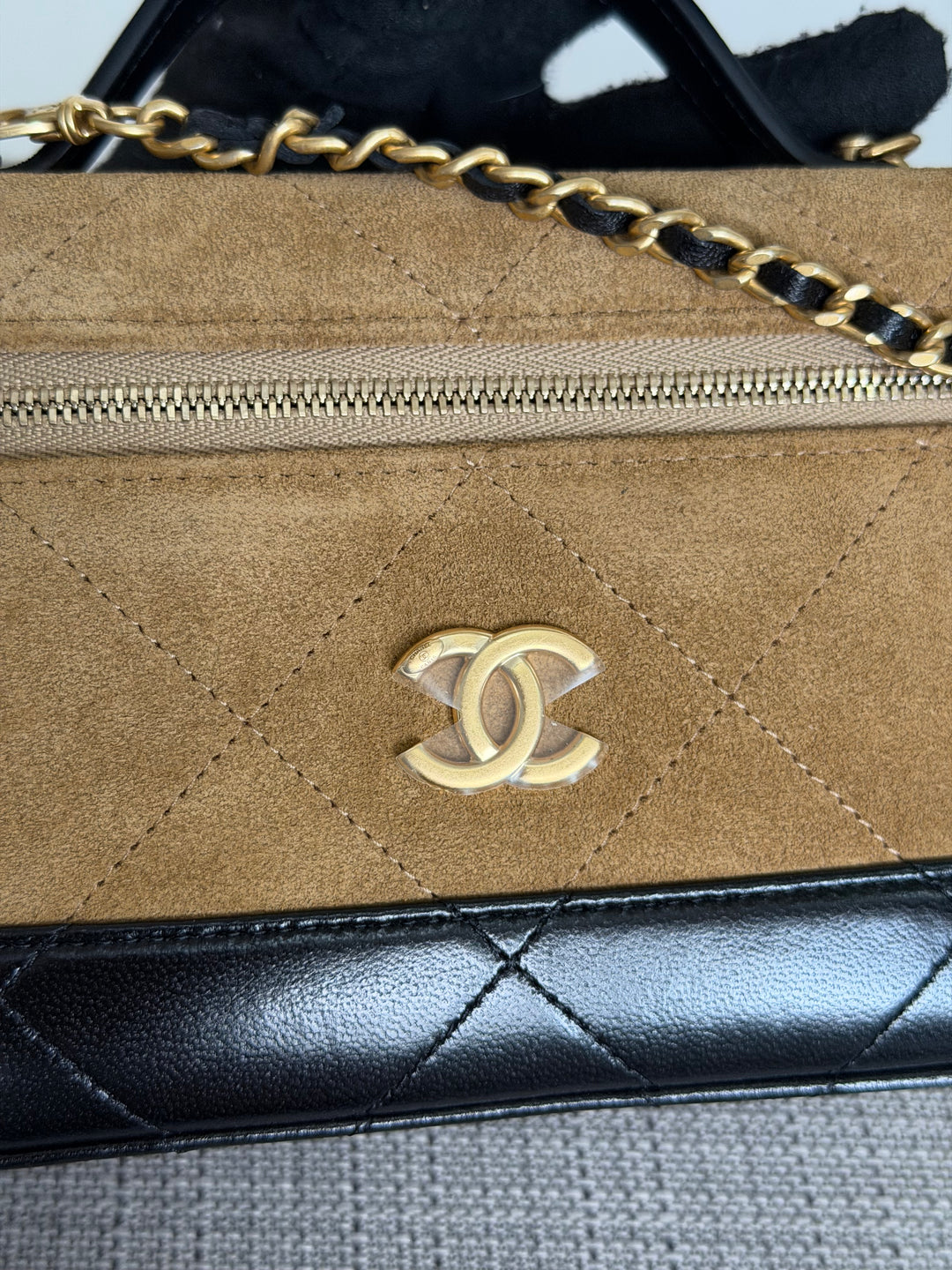 CHANEL 26S Beige Suede Black Calf skin aged GHW Long Vanity Case with Detachable Chain and top handle 2026