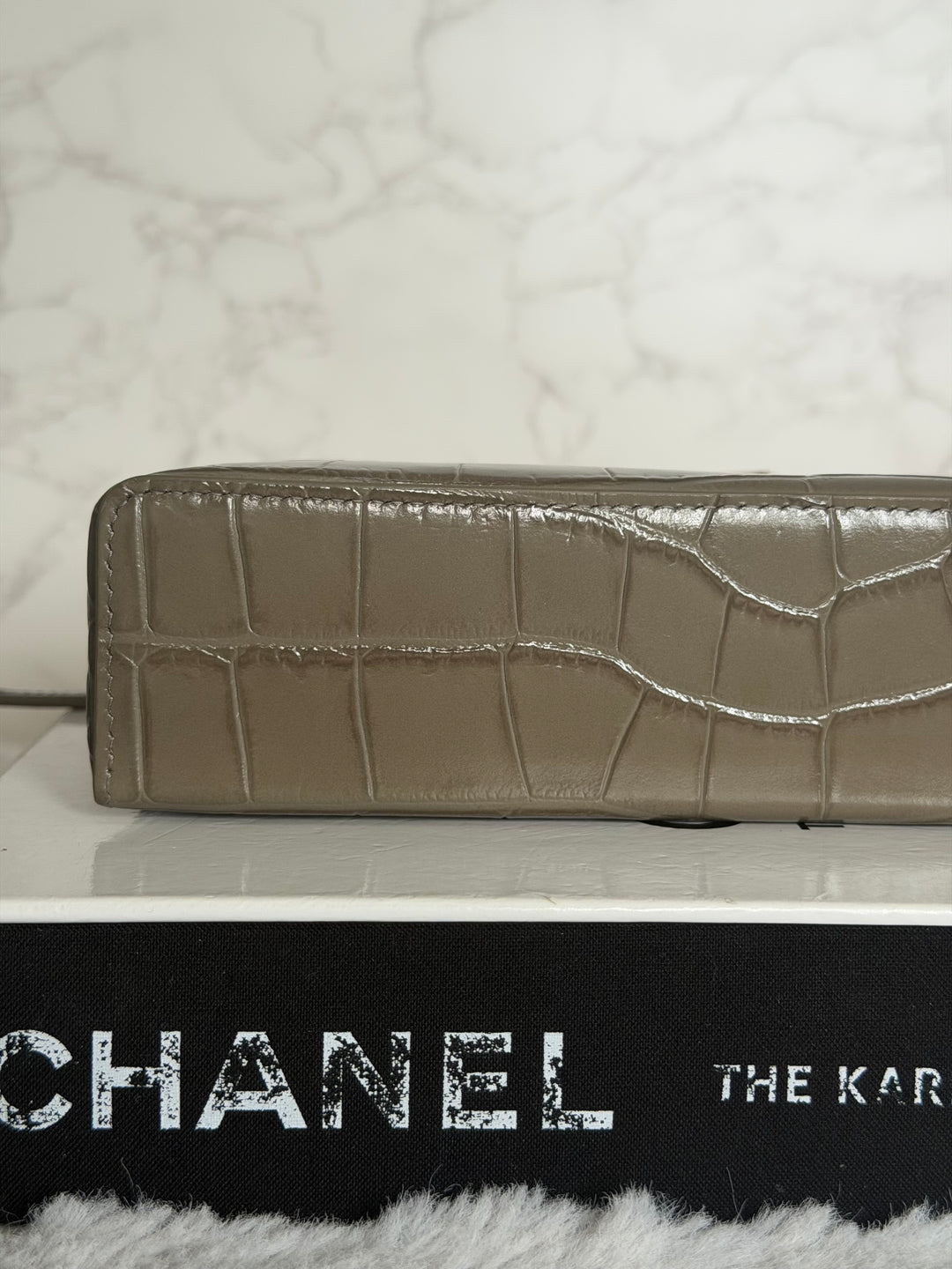 CHANEL 26A Etoupe Khaki Croc Embossed Calf skin LGHW LP Long Vanity size Medium 23 cms with detachable chain 2026