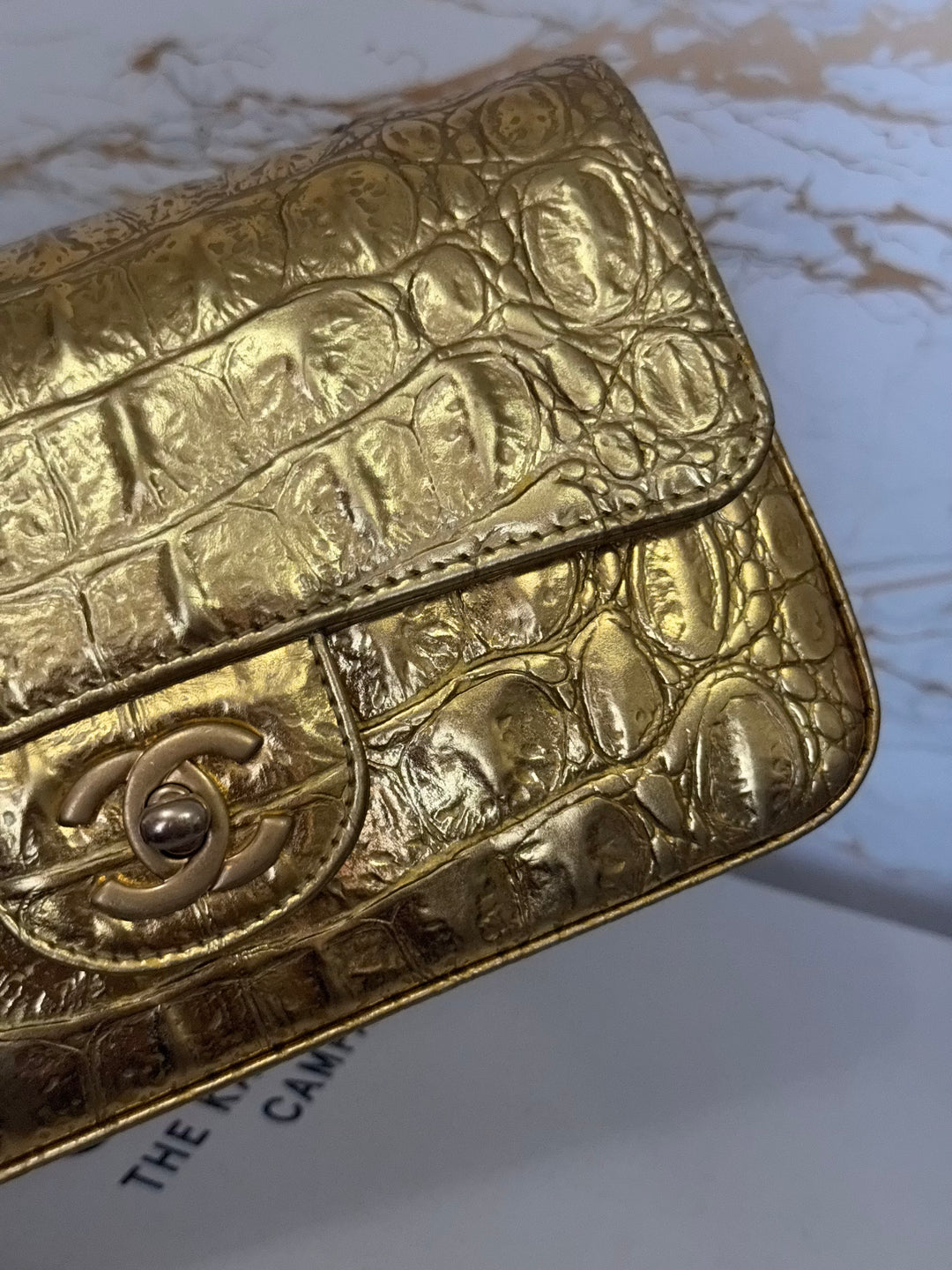CHANEL series 28 19A Metiers d'Art collection Gold Croc Embossed Calf Skin Mini Rectangular Flap Bag with Aged GHW 2019 RARE