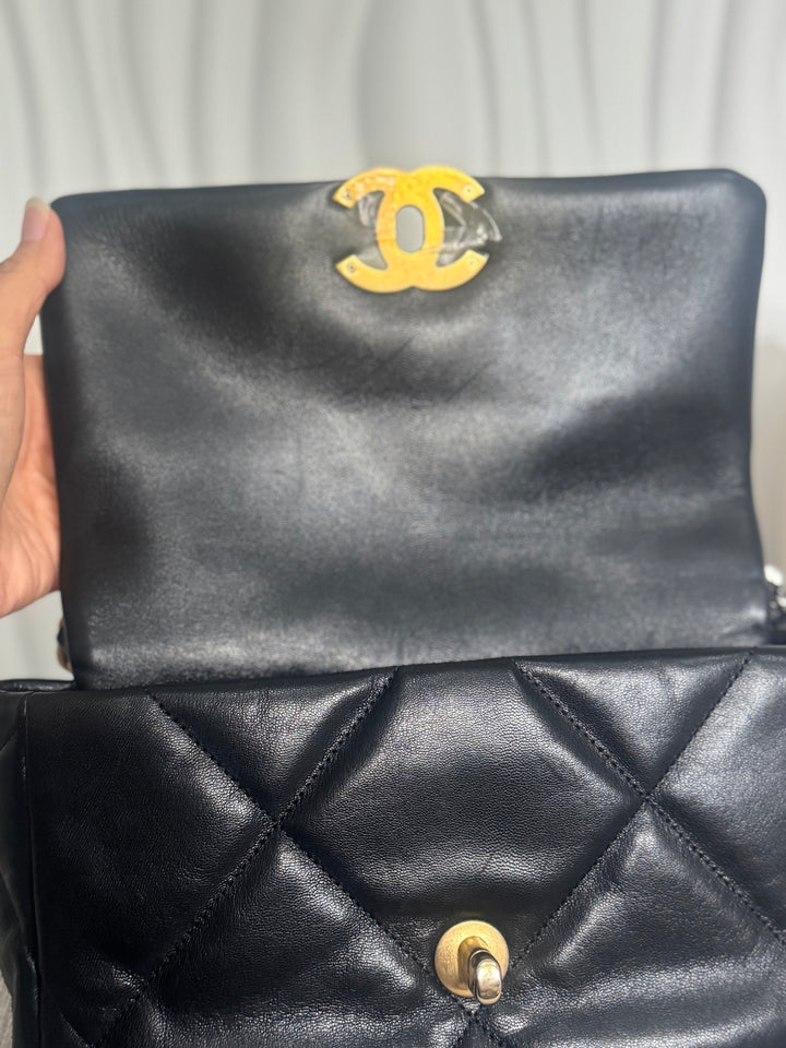 CHANEL 19 Size Small Black Lambskin Mixed Hardware Flap bag with Top Handle