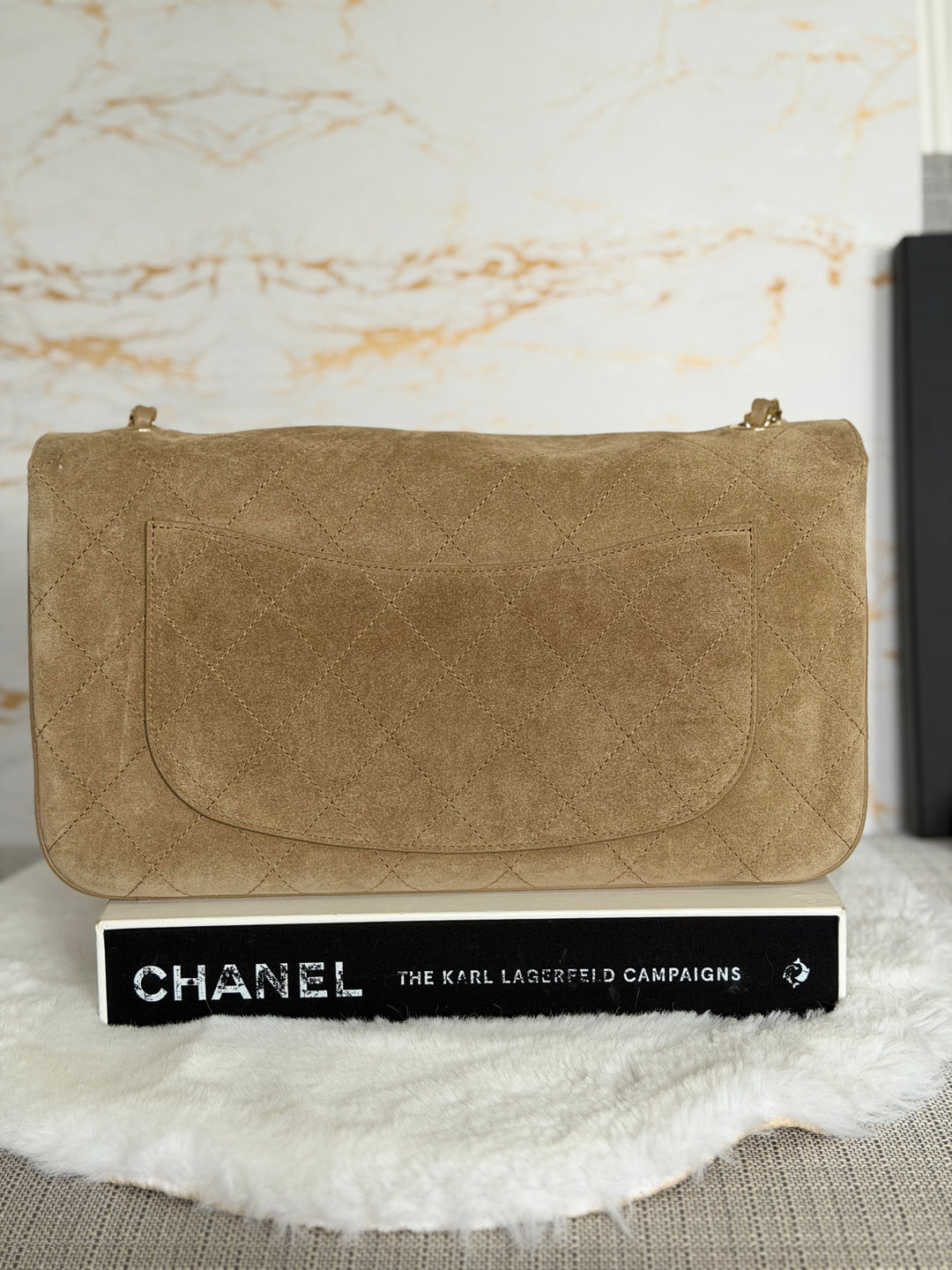 CHANEL 26S Beige Suede Leather LGHW Maxi Flap Bag 32 cms