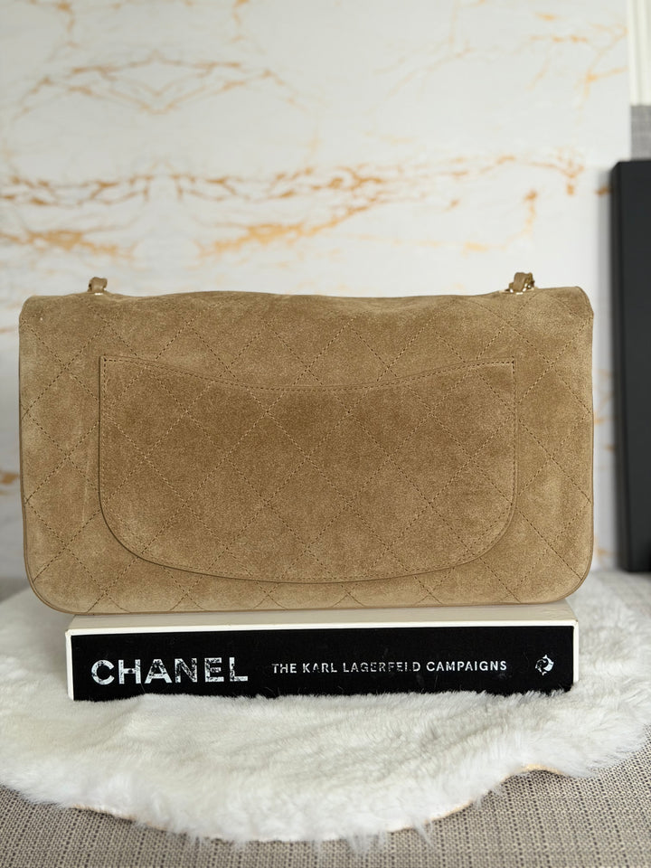 CHANEL 26S Beige Suede Leather LGHW Maxi Flap Bag 32 cms