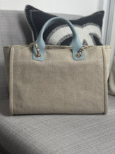 Load image into Gallery viewer, Chanel Beige And Light Blue Mixed Fibres Deauville Tote with Leather Top Handle Size Small
