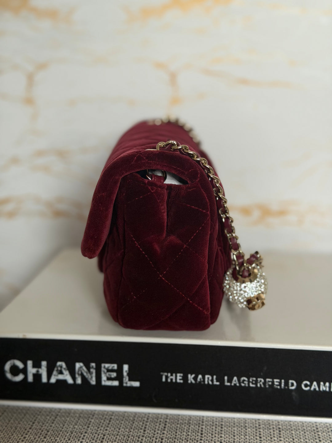 CHANEL series 31 Burgundy Dark Red Velvet Crystal Pearl Crush Adjustable Strap Mini Rectangular Flap Bag 2020/2021