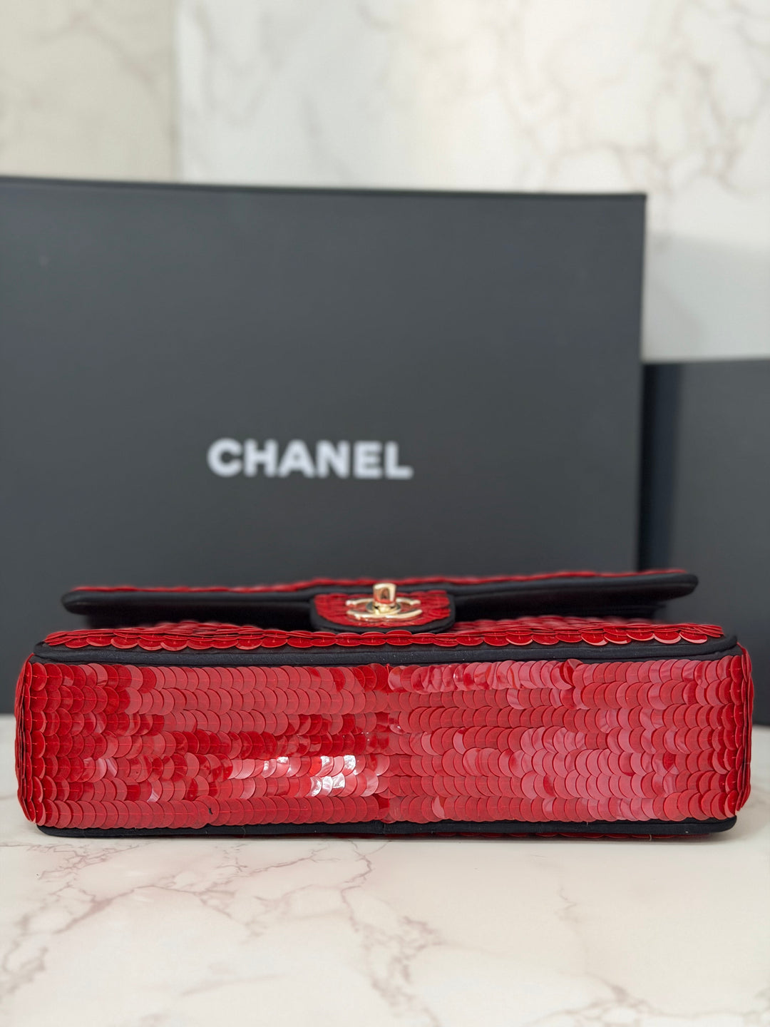 CHANEL series 13 2010 Red Sequin and Black Satin Paris-Shanghai Medium Flap Bag Gold Hardware