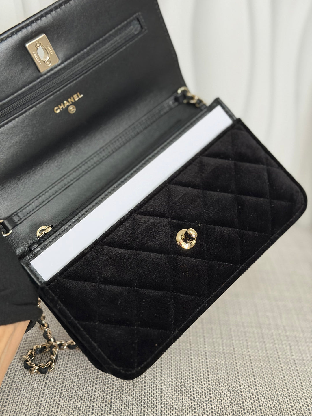 CHANEL 2025 Black Velvet Crystal Pearl Crush Adjustable Strap Wallet on Chain (WOC)