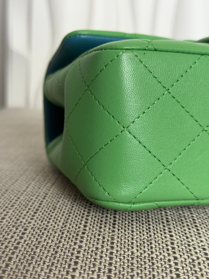 CHANEL series 31 21P Two Tone Green Blue Lambskin Rainbow Iridescent Hardware Mini Rectangular Flap Bag 2021