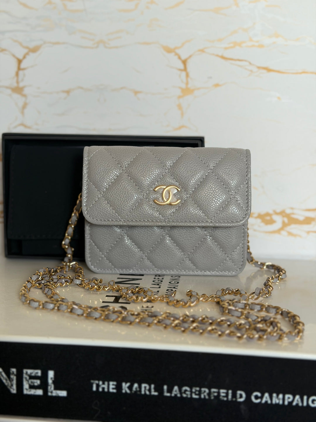 CHANEL 21B Coco Chain Grey Caviar Mini Clutch with Chain 2021