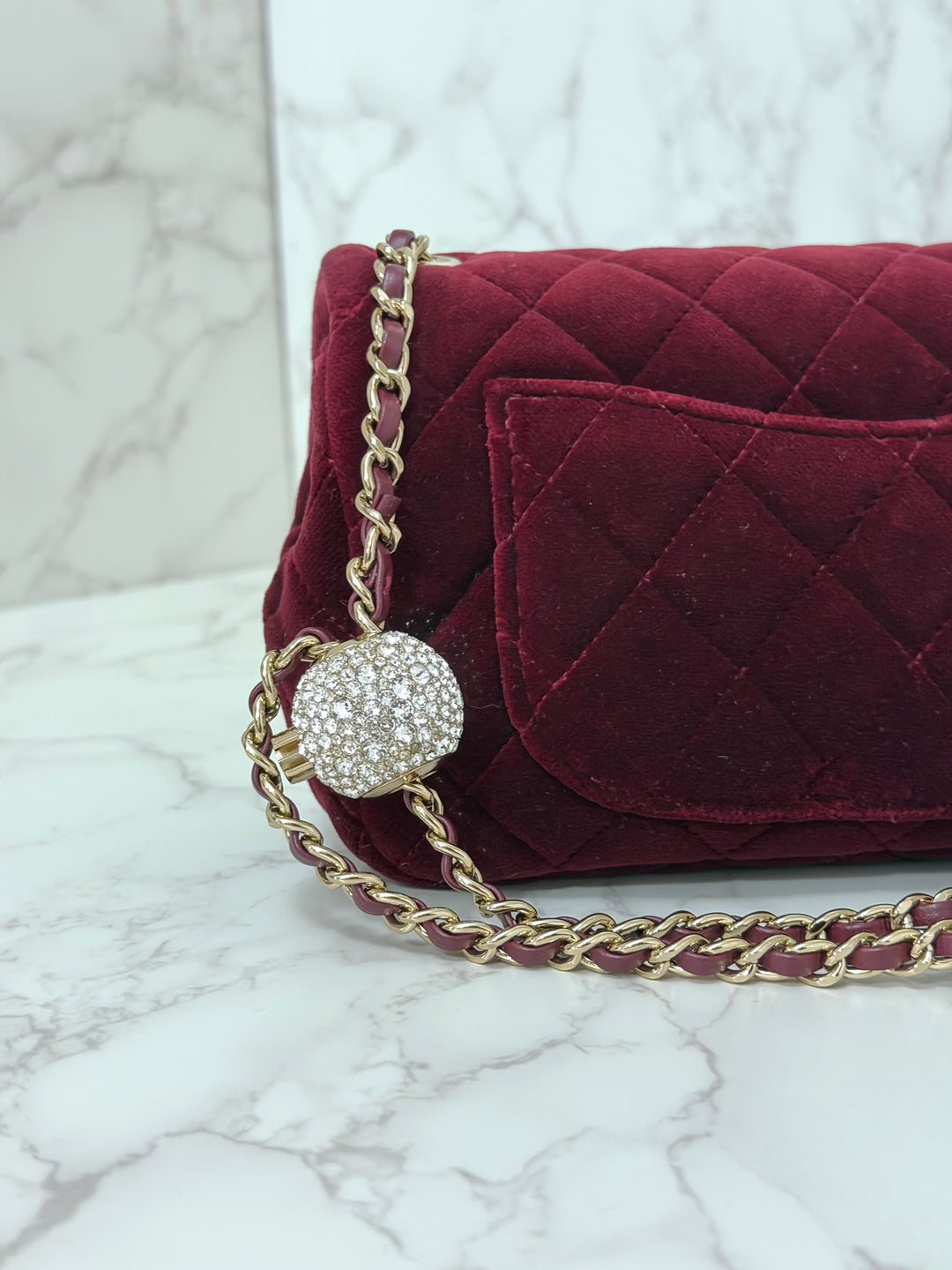 CHANEL series 31 Dark Red/Burgundy Velvet Adjustable Crystal Pearl Crush Mini Rectangular Flap Bag LGHW 2020/2021