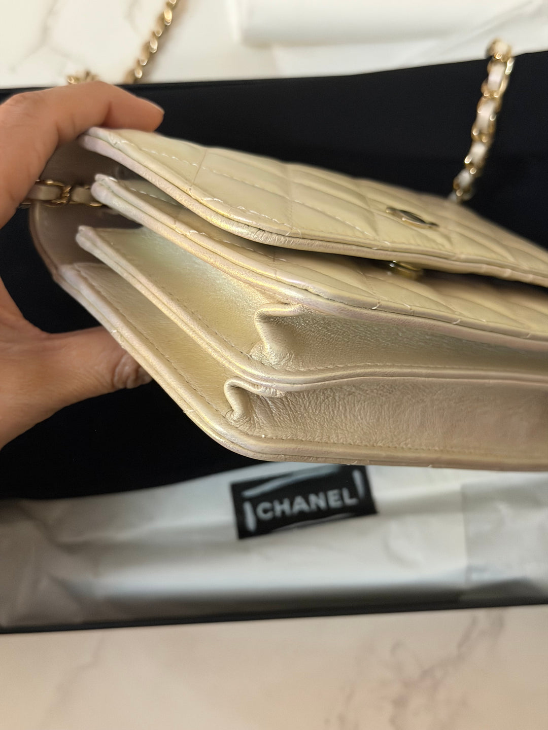 CHANEL series 31 20B Ivory Calf Skin LGHW Mini Wallet on Chain (WOC) 6 inches