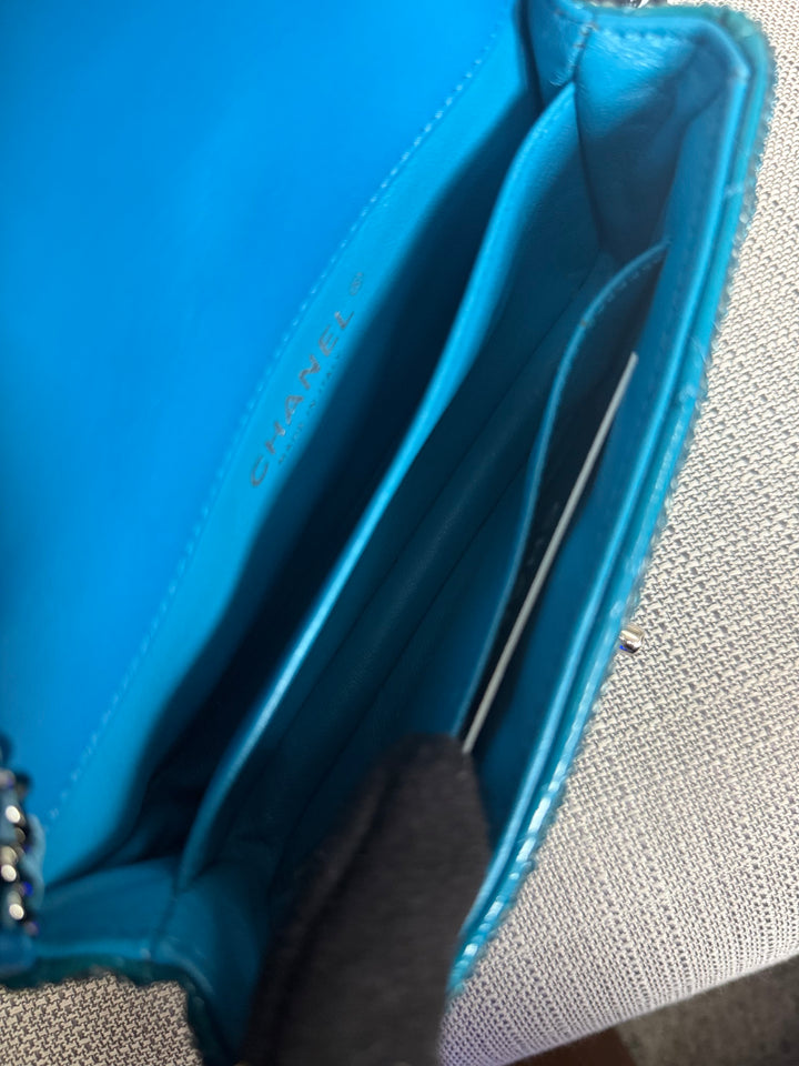 CHANEL series 21 Turquoise Teal Green Blue Diamanté Swarovski Crystal Strasssd Extra Mini Flap Bag with SHW *unicorn* RARE