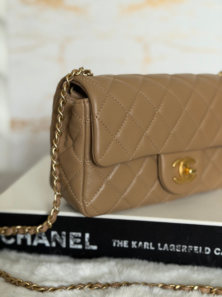 CHANEL 22B Taupe Dark Beige Lambskin Aged GHW Pearl Crush Adjustable Chain Mini Rectangular Flap Bag 2022