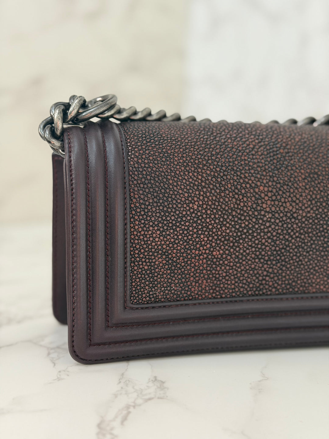 Chanel series 21 2015 Burgundy Lambskin Stingray SMALL Le Boy Flap Bag with Ruthenium HW