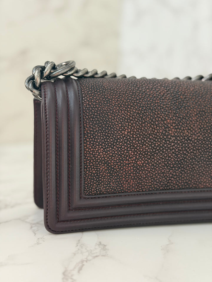 Chanel series 21 2015 Burgundy Lambskin Stingray SMALL Le Boy Flap Bag with Ruthenium HW