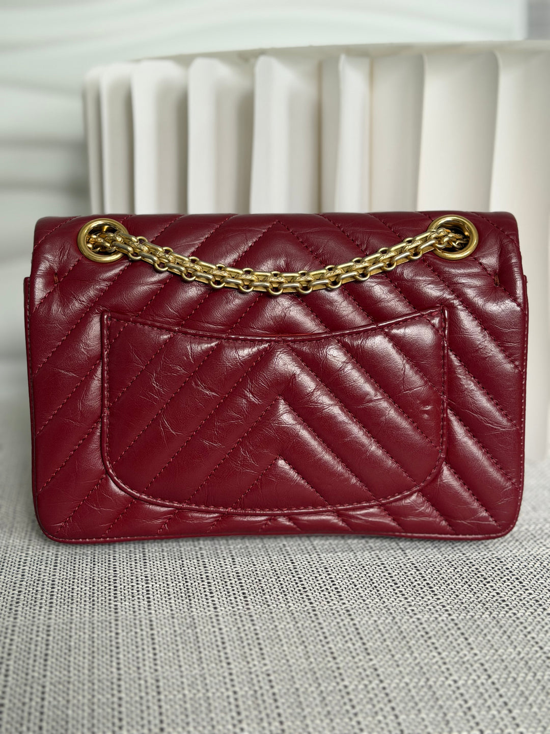 CHANEL 16A collection 2016 Series 23 Burgundy Calf skin Chevron Mini Reissue Flap Bag with Aged GHW