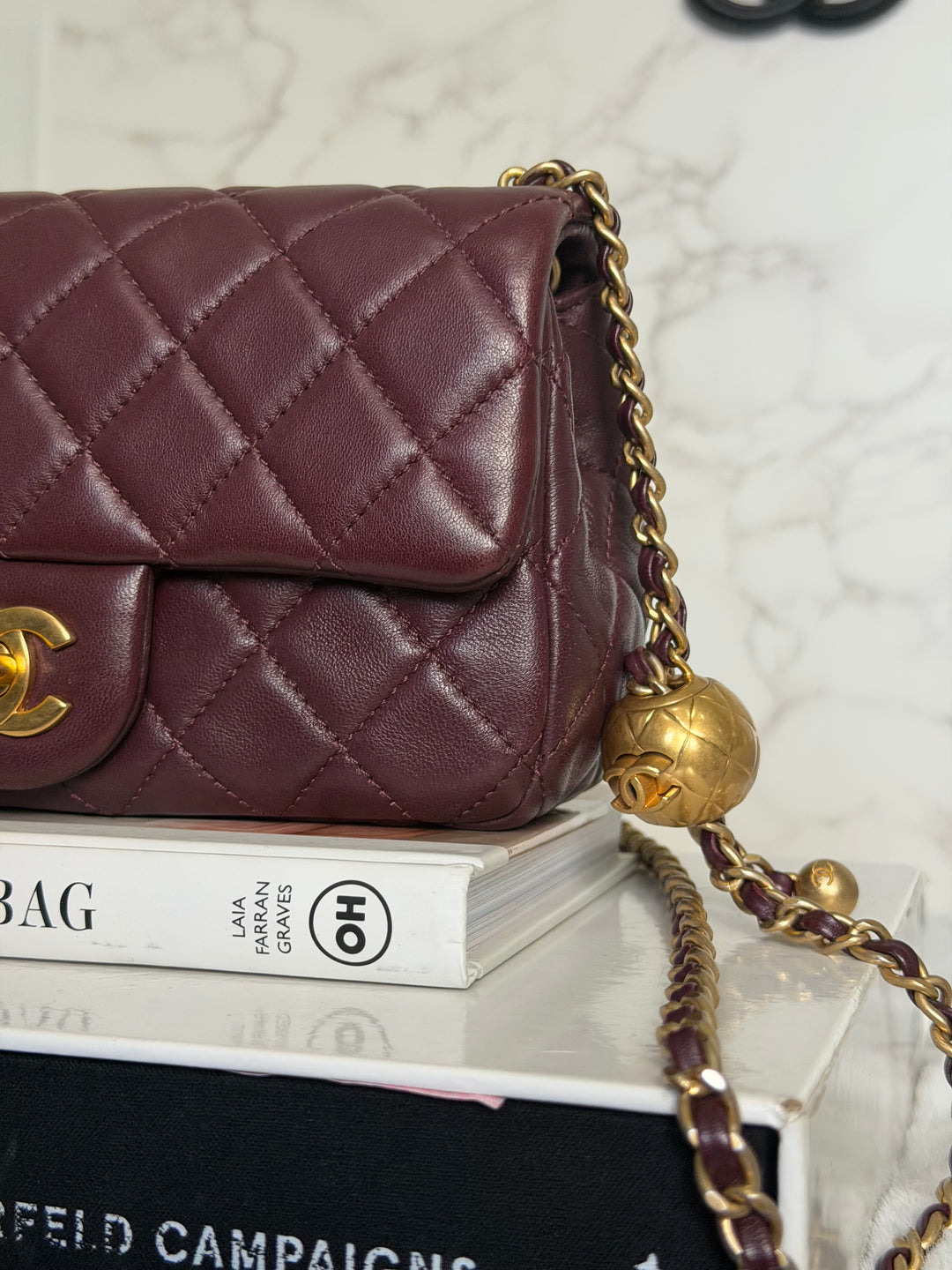 CHANEL 21B Burgundy Lambskin Aged GHW Pearl Crush Mini Rectangular Flap Bag 2021