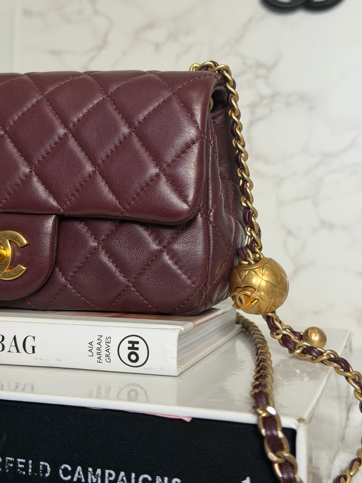 CHANEL 21B Burgundy Lambskin Aged GHW Pearl Crush Mini Rectangular Flap Bag 2021