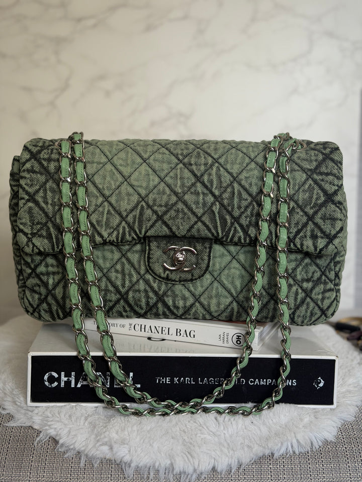 CHANEL 20C series 29 Green Denim Jumbo SHW Denimpression Flap Bag 2020