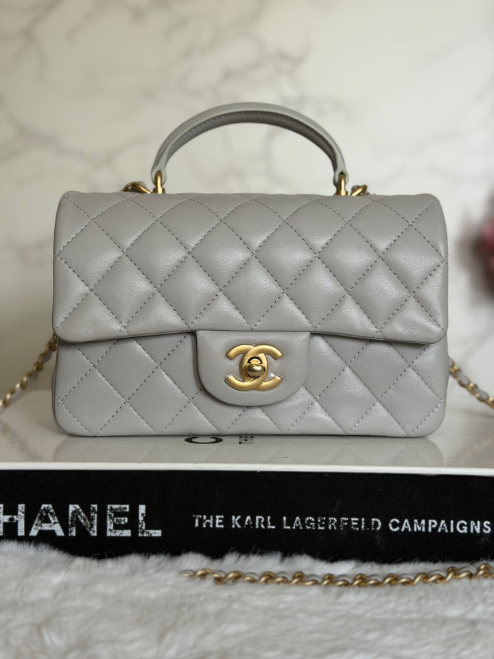 CHANEL 21A Grey Lambskin Aged GHW Top Handle Mini Rectangular Flap Bag 2021