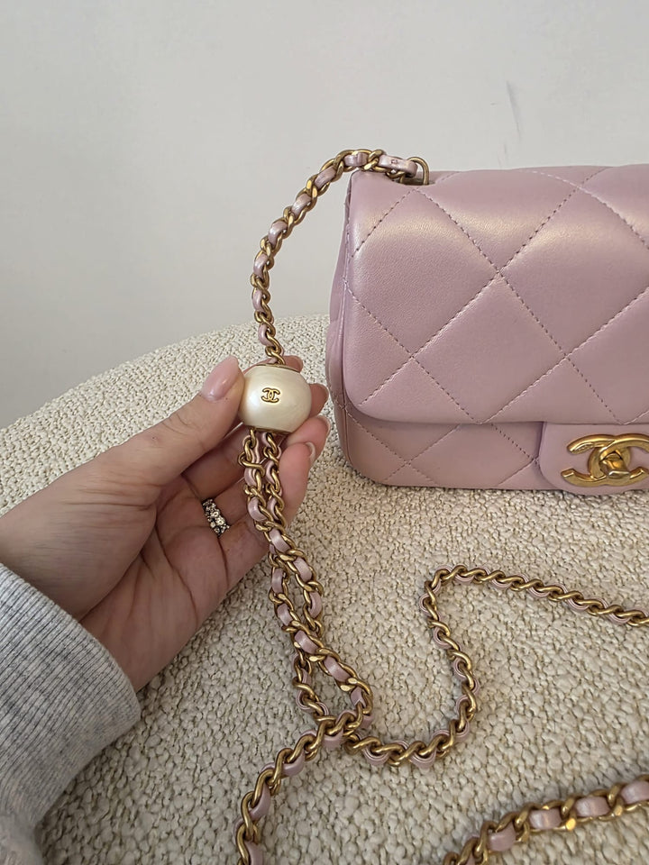 CHANEL 23S Adjustable Pearl Mini (8.25 inches) Rectangular Flap Bag with Pink Lambskin Aged GHW