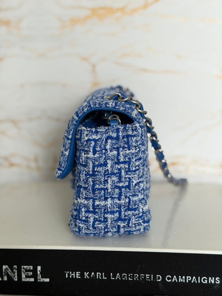 CHANEL 23P Cobalt Blue Muti Coloured Tweed Brushed SHW Mini rectangular flap bag 2023