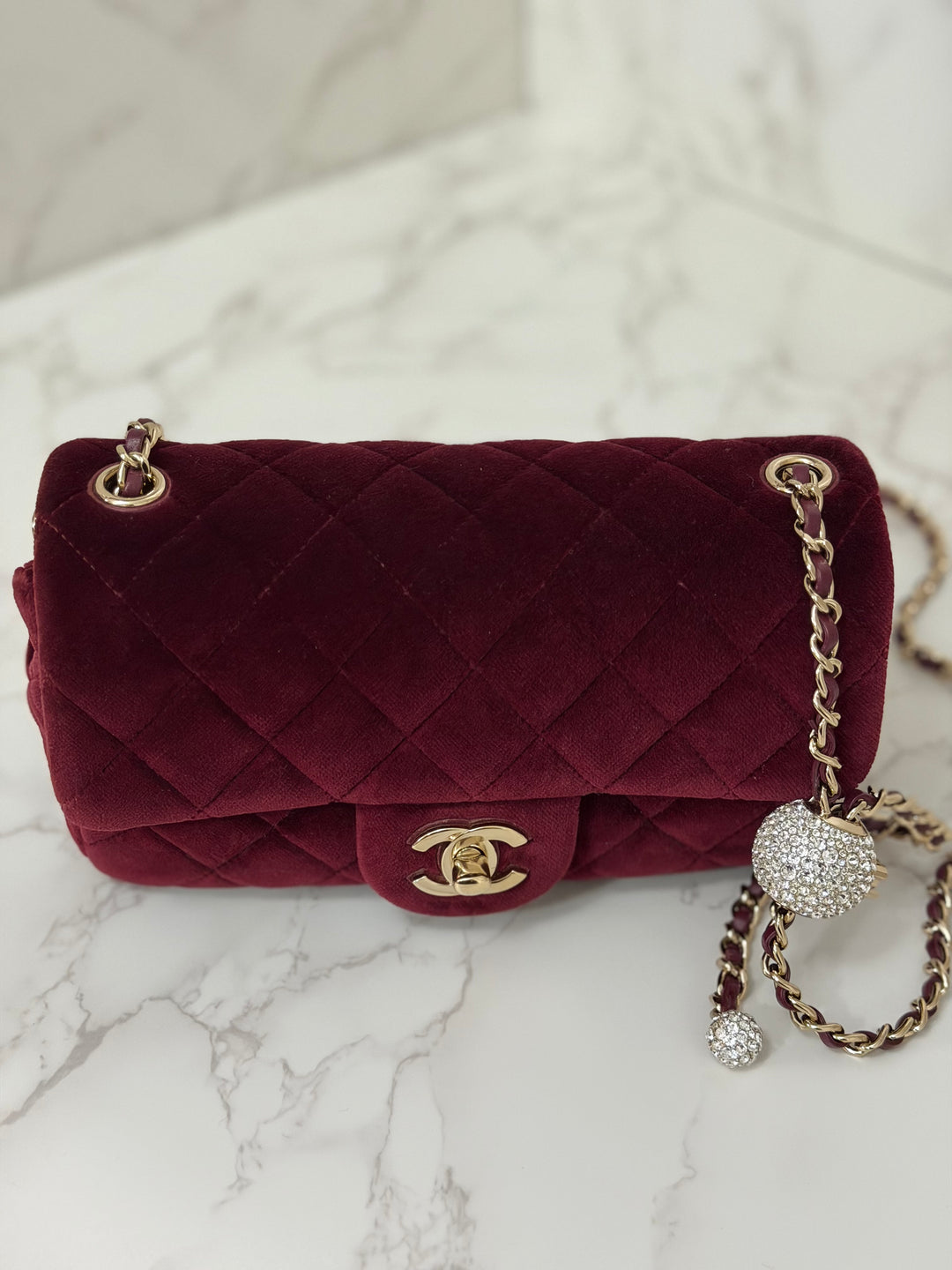 CHANEL series 31 Dark Red/Burgundy Velvet Adjustable Crystal Pearl Crush Mini Rectangular Flap Bag LGHW 2020/2021