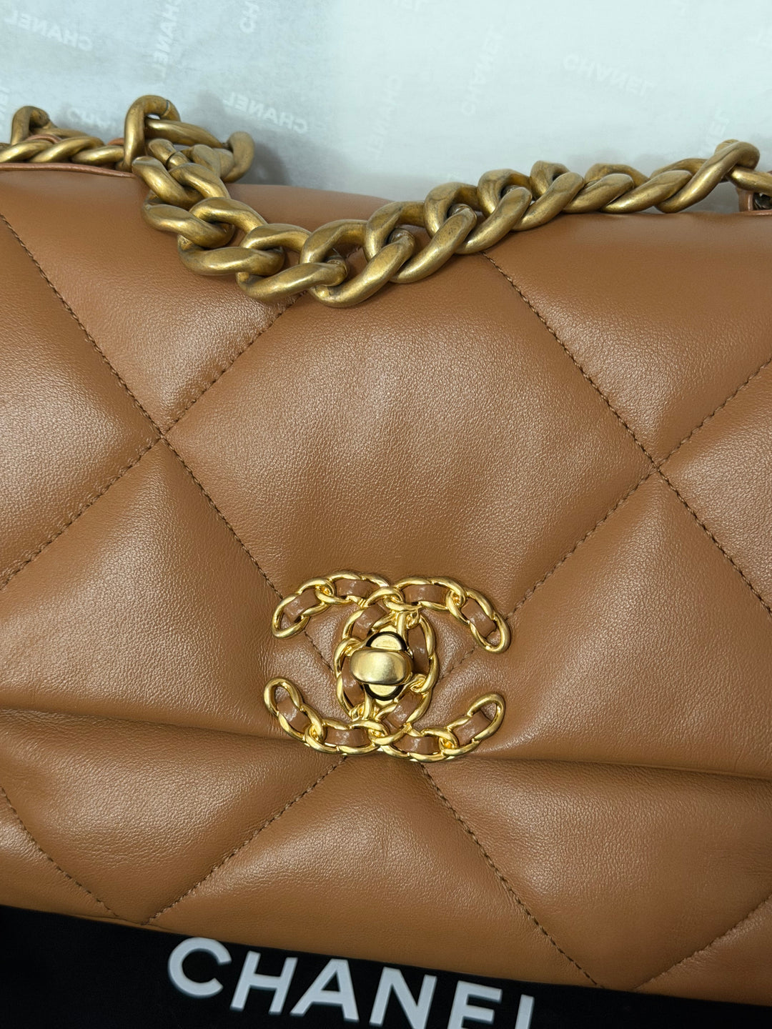 CHANEL Caramel Brown Lambskin Mixed Hardware 19 Size Small Medium Flap bag from 2022