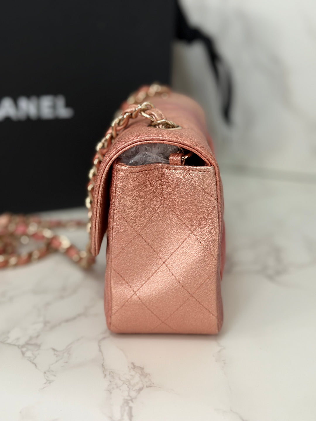CHANEL 21S Ombré Rose Gold Metallic Copper Lambskin LGHW Mini Rectangular Flap Bag 2021