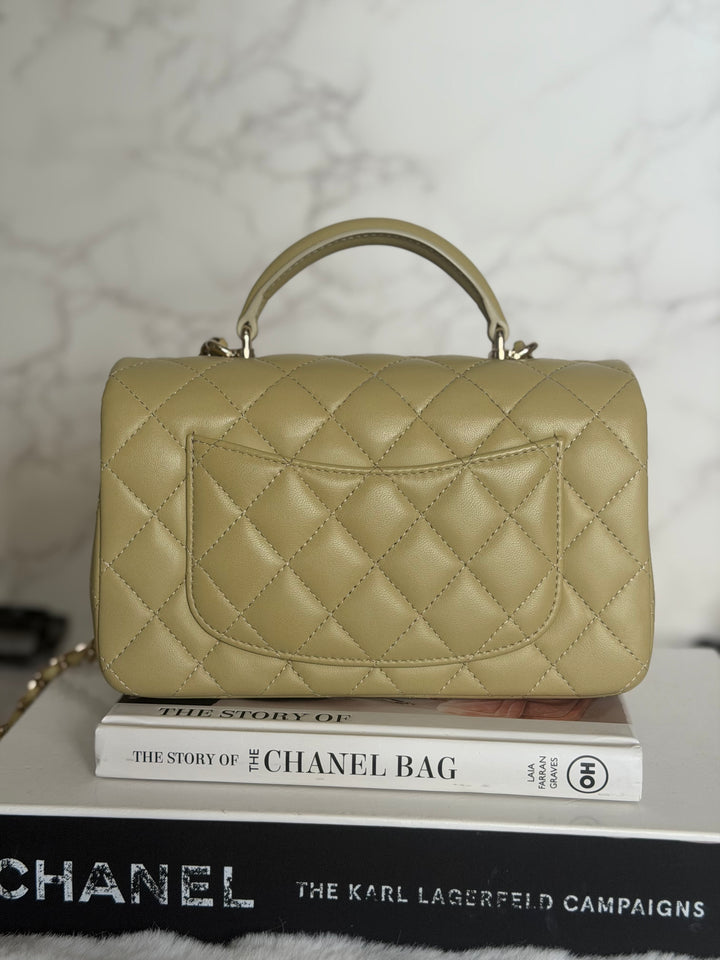 CHANEL 23A Pistachio Green Lambskin LGHW Mini Rectangular Flap Bag with Top Handle 2023