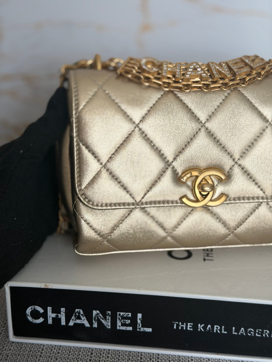 CHANEL Gold Metallic Lambskin CC Crystal Logo Chain Flap Bag 2022