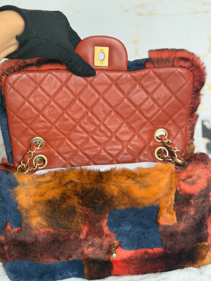 CHANEL series 28 Orylag Red Orange Navy Fur Flap Bag with GHW Medium Single Flap Bag 2018