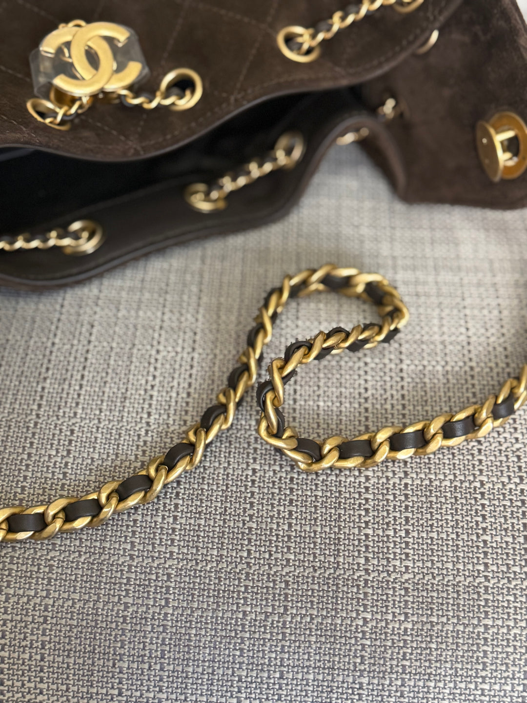 CHANEL 26C collection 2025/2026 Brown Suede Leather Mini 25 Hobo Bag with aged GHW