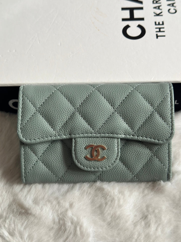 Chanel Sage caviar LGHW Classic Flap Snap Card Holder