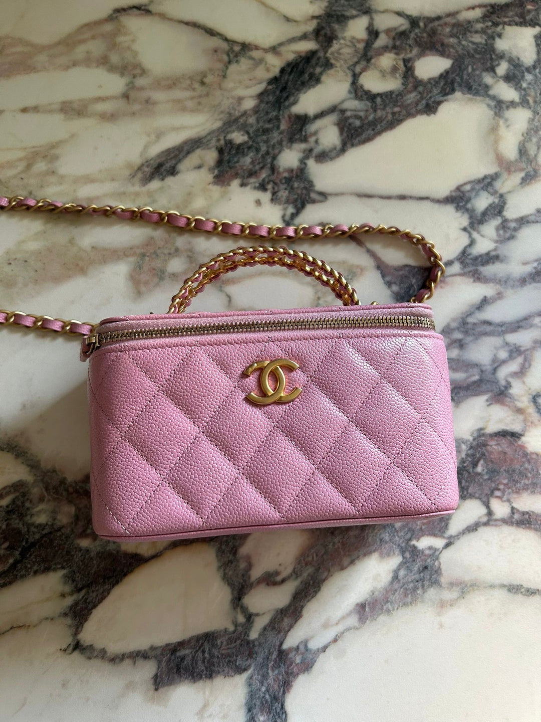 CHANEL 22S Mauve Pink Caviar Aged GHW SMALL Vanity with Metal and Leather top handle 2022