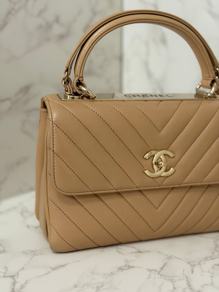 CHANEL series 27 2018 Dark Beige Lambskin LGHW Trendy CC Flap Bag size Small with Top Handle and detachable strap