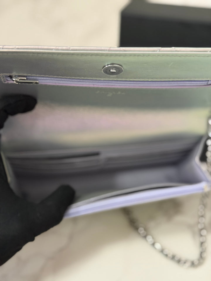 CHANEL 21K Silver Lambskin SHW Classic Wallet On Chain (WOC)