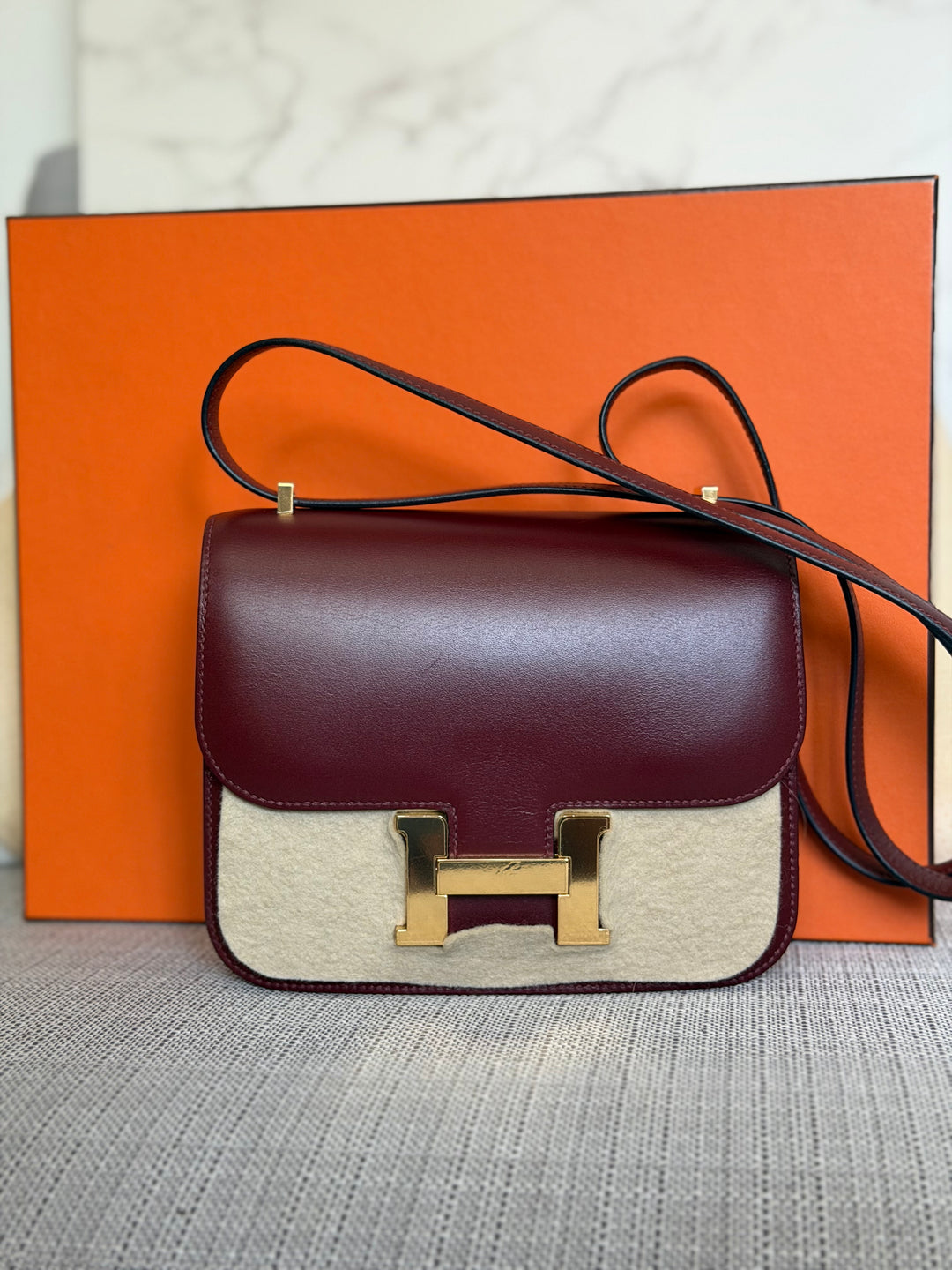 HERMÈS Rouge H Box Leather GHW Mini Constance 18 Flap Bag stamp D 2019