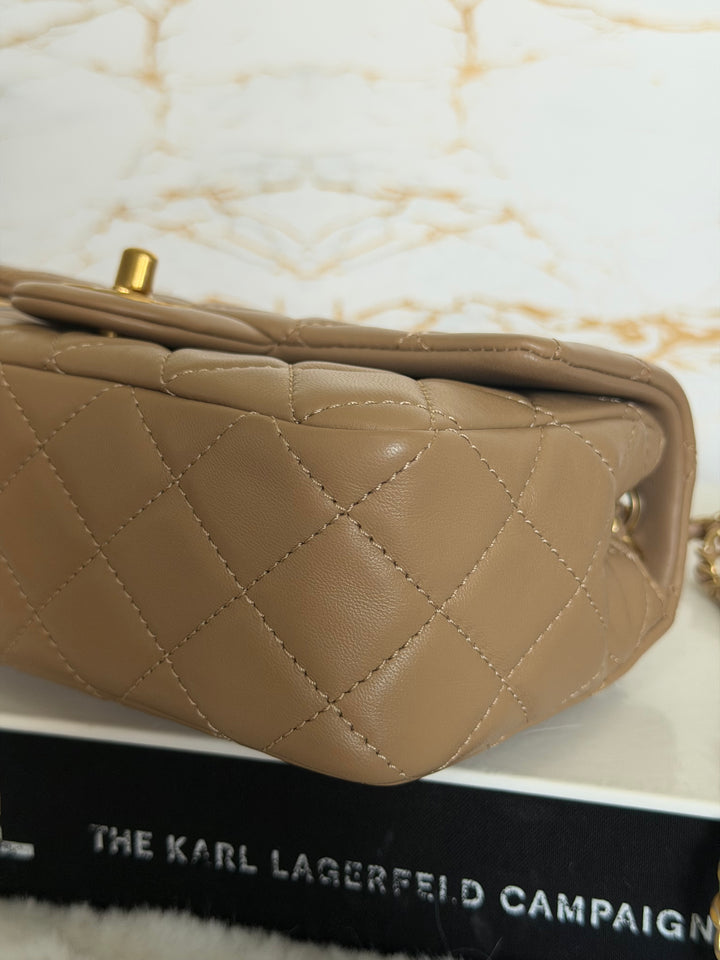 CHANEL 22B Taupe Dark Beige Lambskin Aged GHW Pearl Crush Adjustable Chain Mini Rectangular Flap Bag 2022