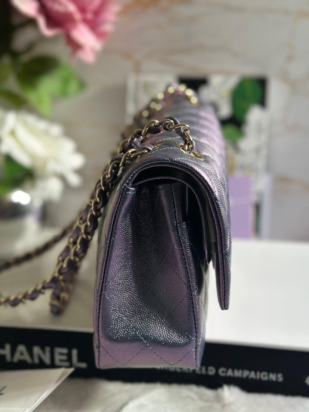 Chanel 22P Iridescent Purple Caviar LGHW Medium ML Timeless Classic Double Flap Bag