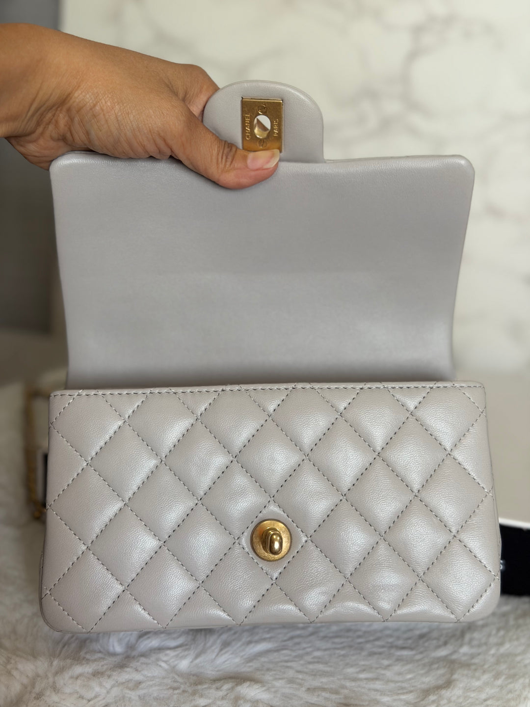 CHANEL 21A Grey Lambskin Aged GHW Top Handle Mini Rectangular Flap Bag 2021