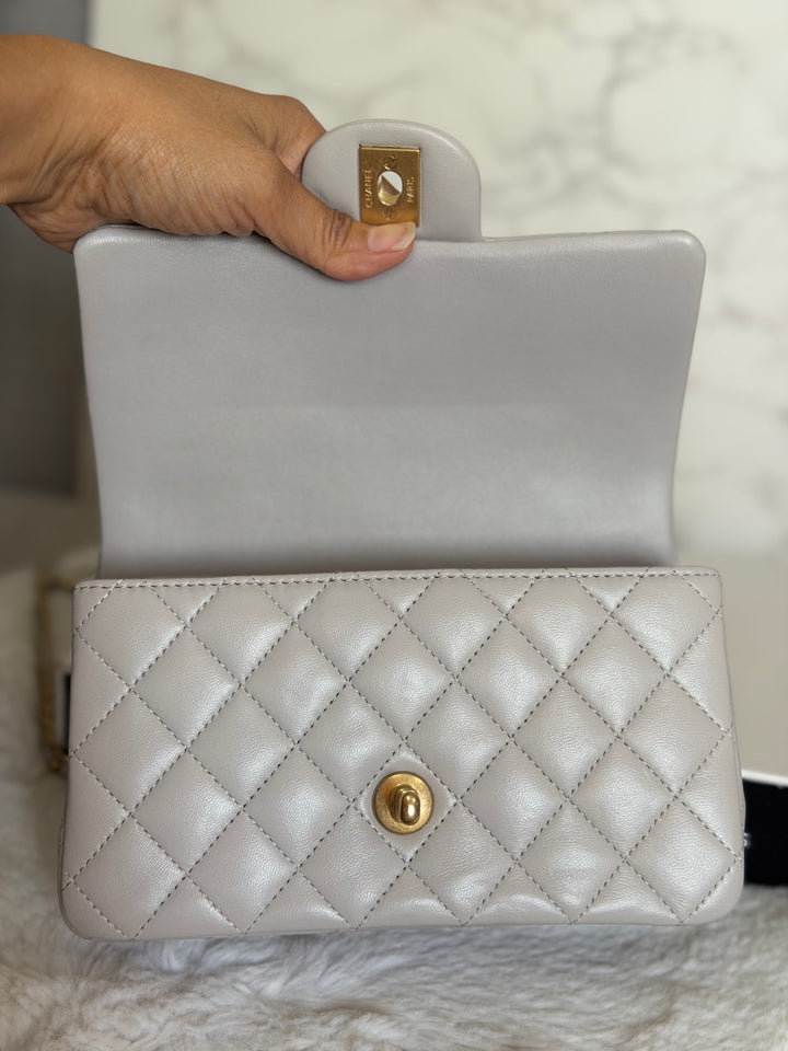 CHANEL 21A Grey Lambskin Aged GHW Top Handle Mini Rectangular Flap Bag 2021