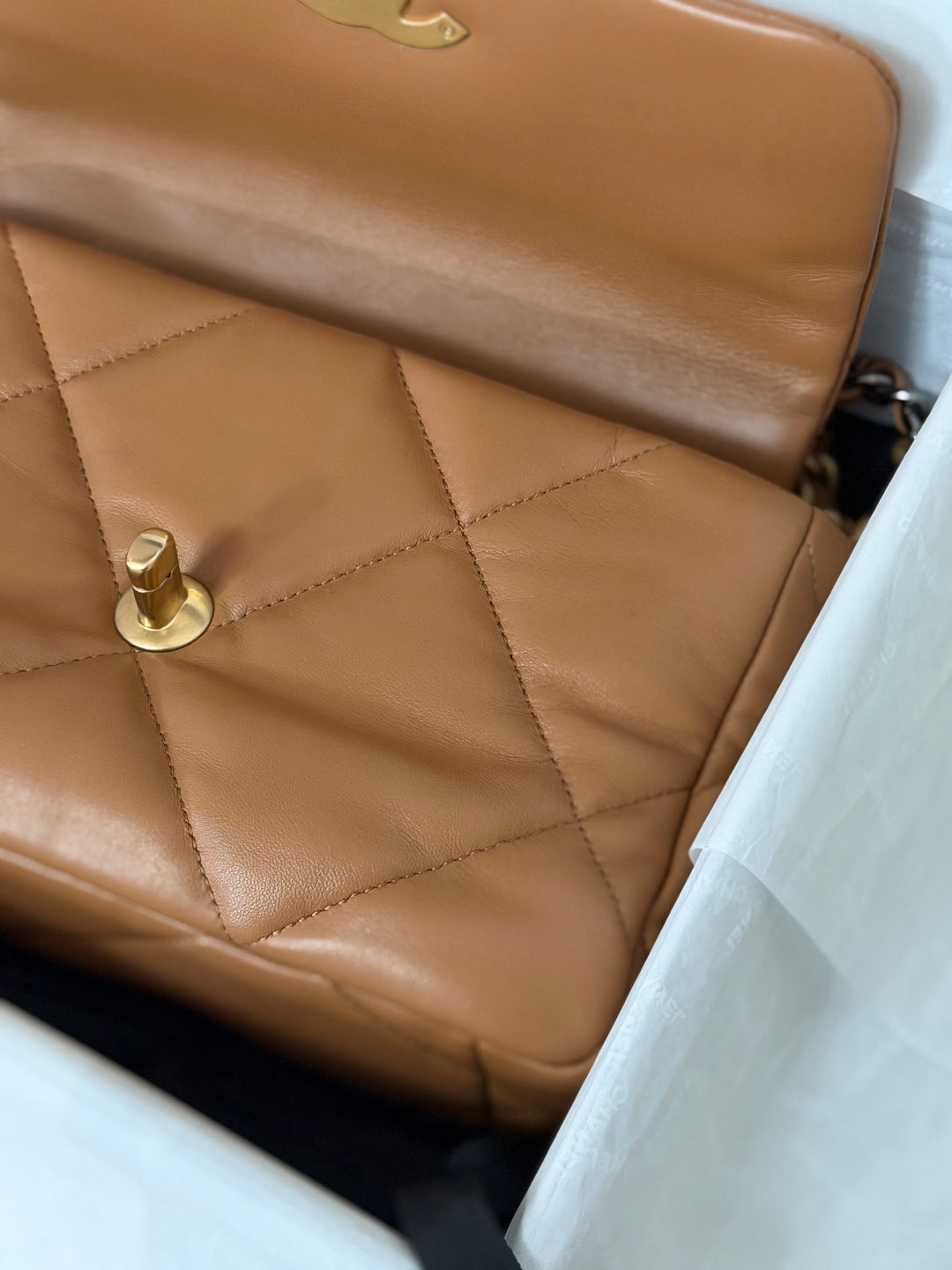 CHANEL Caramel Brown Lambskin Mixed Hardware 19 Size Small Medium Flap bag from 2022