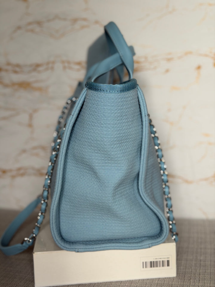 CHANEL Blue Tweed Deauville Tote Bag size SMALL with leather top handle SHW 2022