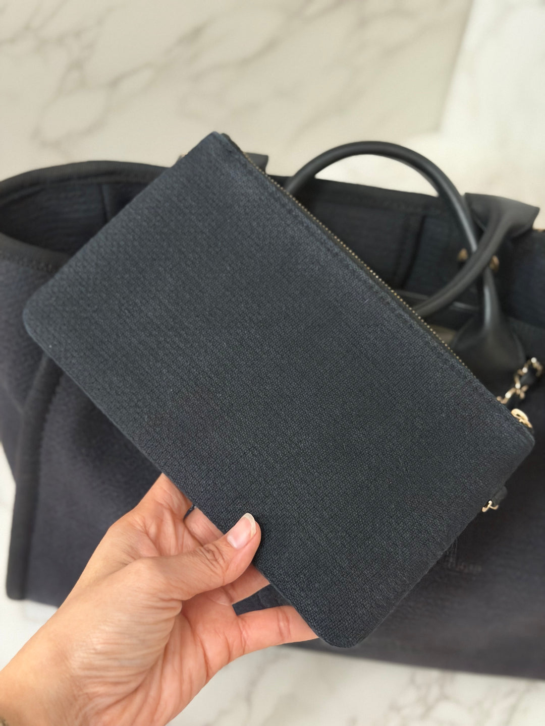 CHANEL 22B 2022 Black Tweed Deauville Tote size Small with Top Handle LGHW and Detachable Pouch