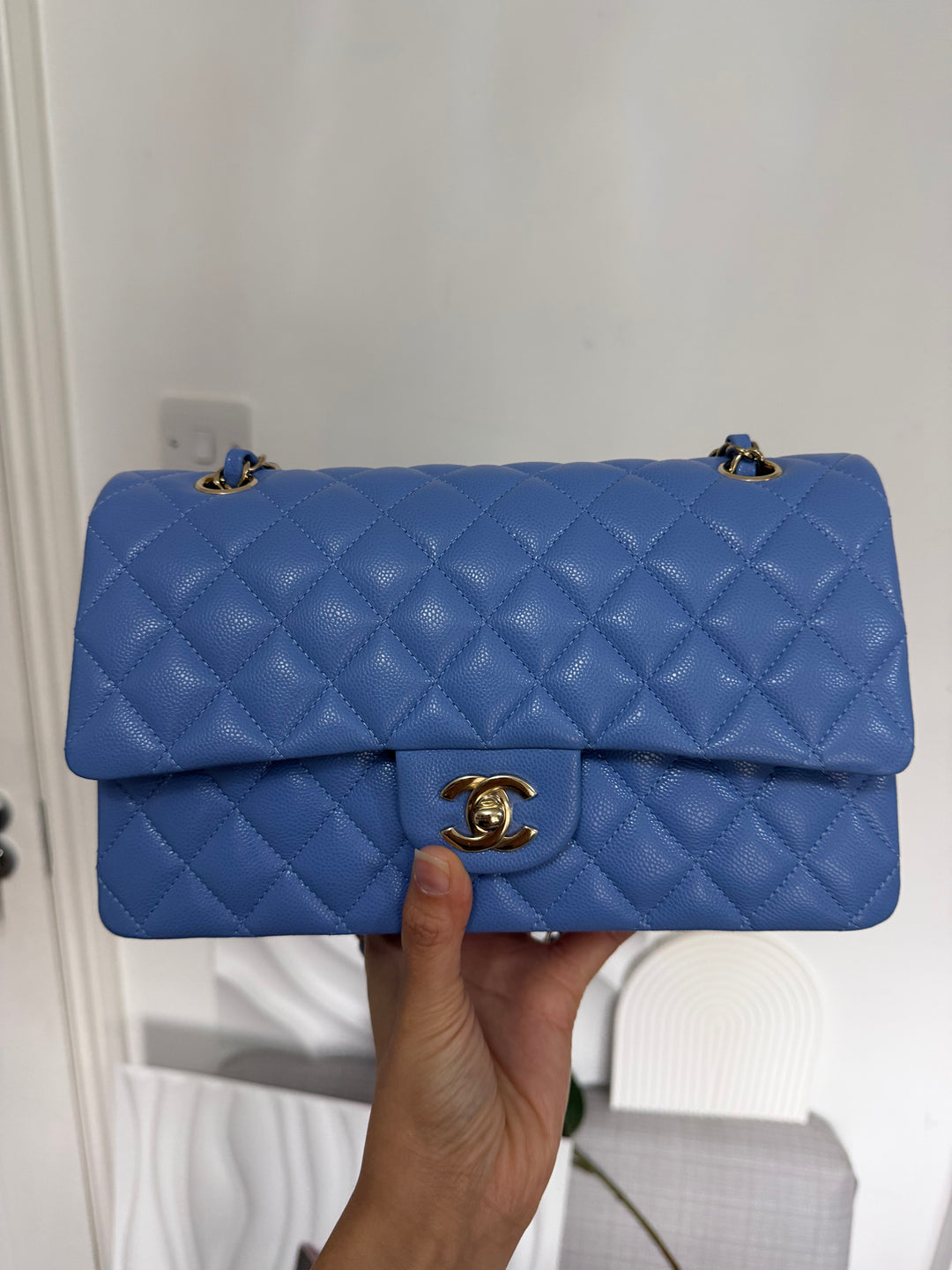 CHANEL 25C 2025 Periwinkle Blue Caviar LGHW Medium ML Timeless Classic Double Flap Bag