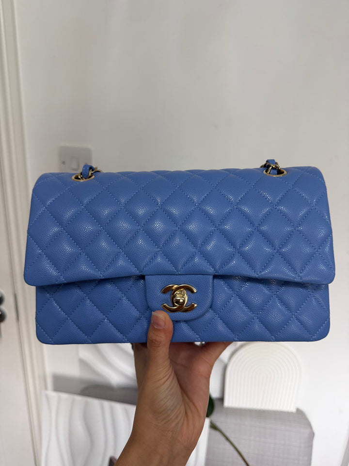CHANEL 25C 2025 Periwinkle Blue Caviar LGHW Medium ML Timeless Classic Double Flap Bag