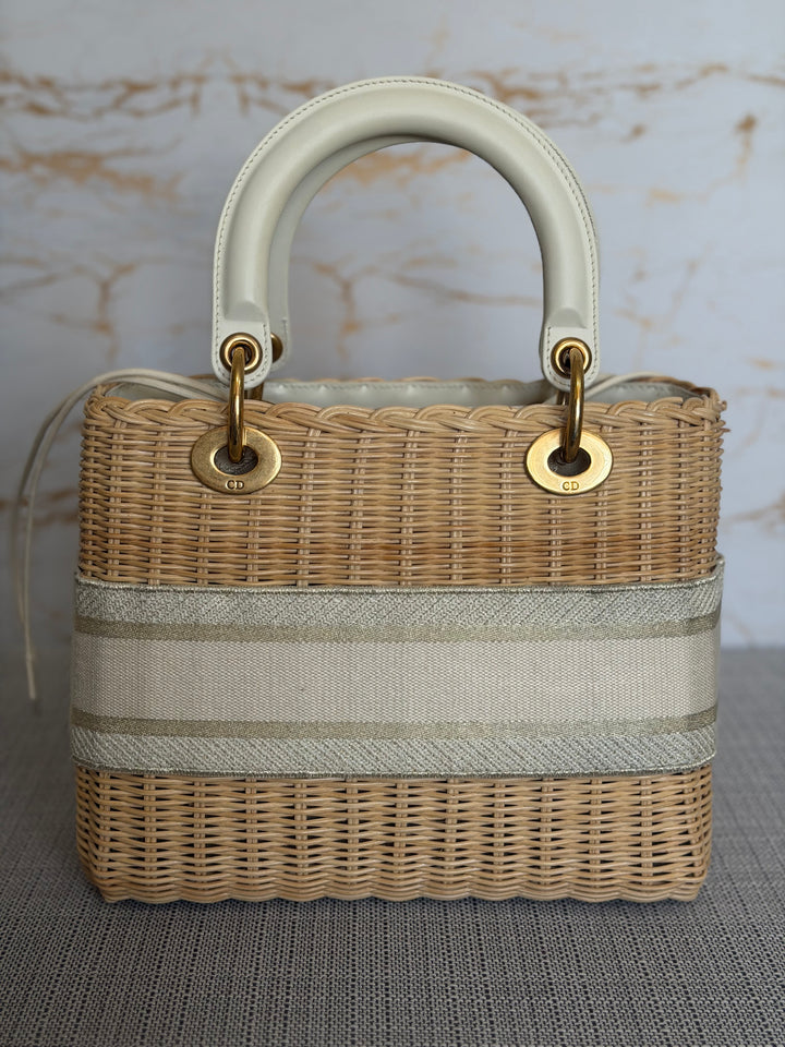 DIOR Lady Dior White/Gold Wicker Bag size SMALL with Guitar Strap