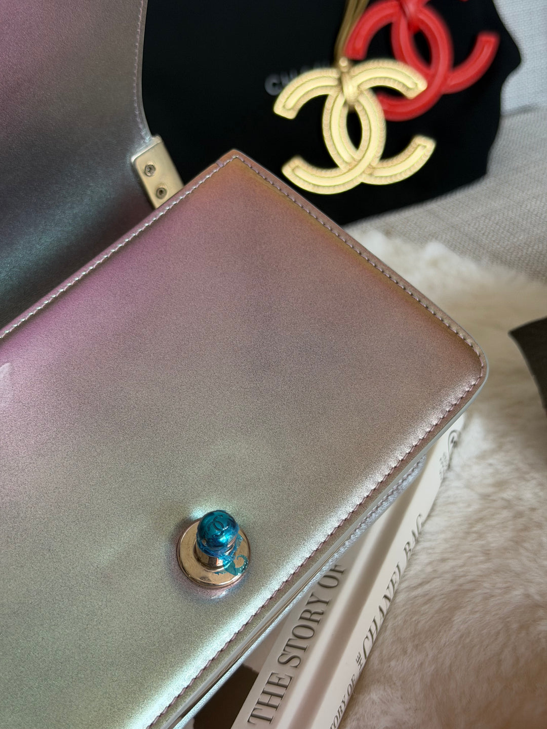 CHANEL 18S Iridescent Patent Calf Skin Purple Blue Mermaid Le Boy Flap Bag size Small